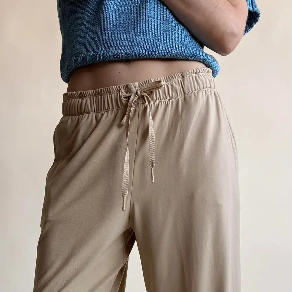 Tan Wide Leg Lounge Pants - Drawstring Waist, Ankle Slits, Size XS - Picture 2 of 6